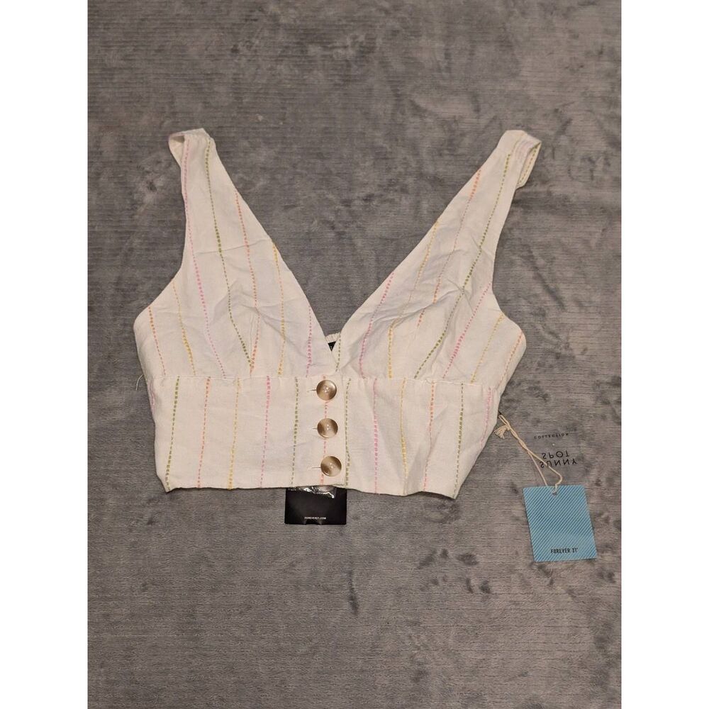 NWT Forever 21 Size XS White Pinstripe Crop Tank Top Buttons